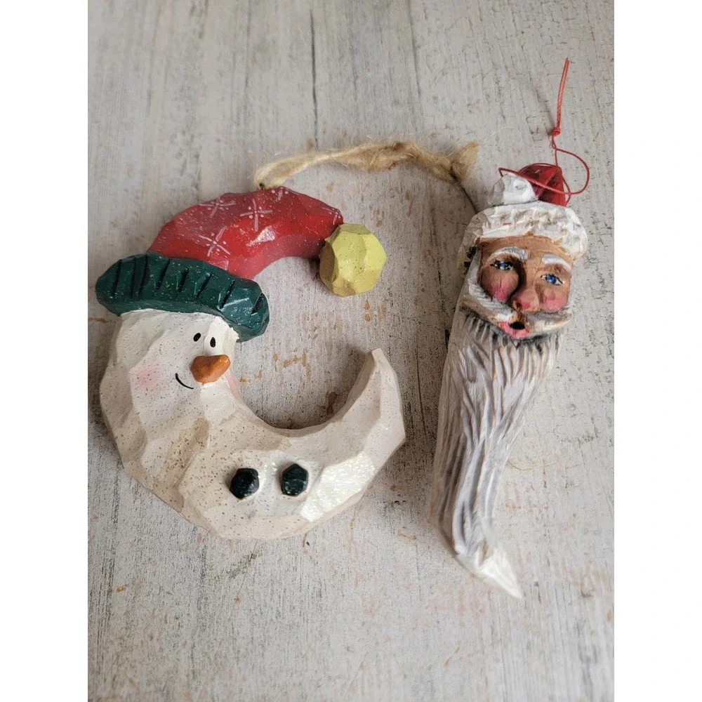 Rustic vintage Santa Claus wooden Moon crescent ornament Xmas set